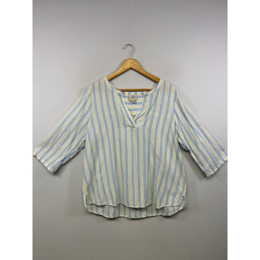 St. John's Bay Coastal Nautical Womens PL Blue Yellow Striped Linen Blend Blouse